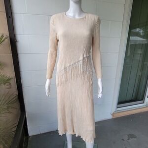 Vintage 80s/90s Willow Ridge Crinkle Lace Fringe Dress Cream Women's 8P Romantic